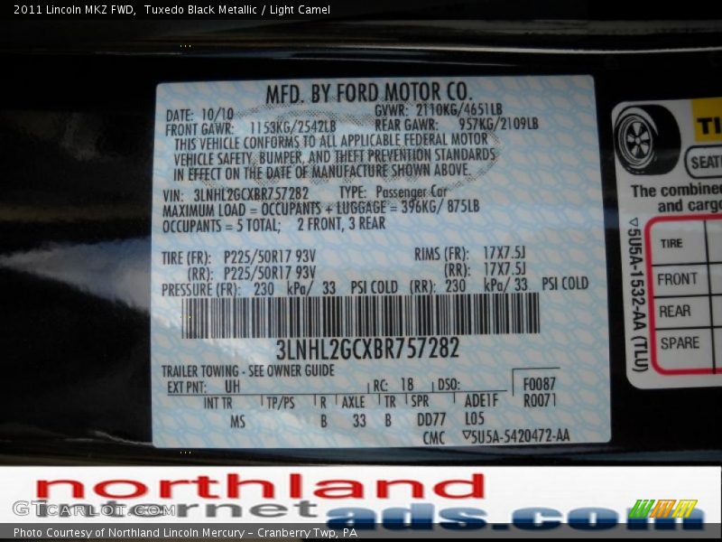 Tuxedo Black Metallic / Light Camel 2011 Lincoln MKZ FWD