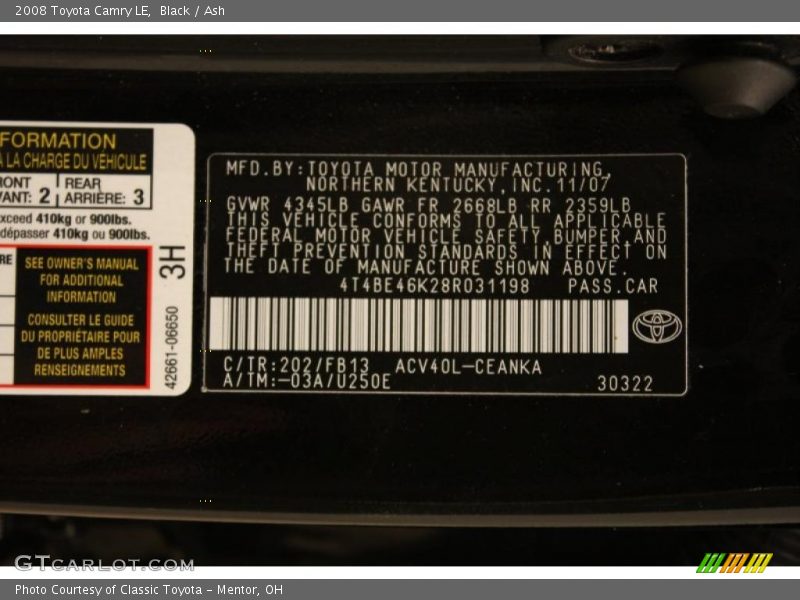 Black / Ash 2008 Toyota Camry LE