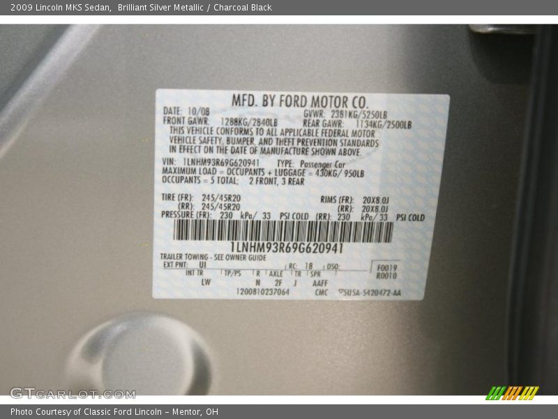 Brilliant Silver Metallic / Charcoal Black 2009 Lincoln MKS Sedan
