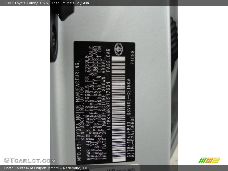Titanium Metallic / Ash 2007 Toyota Camry LE V6