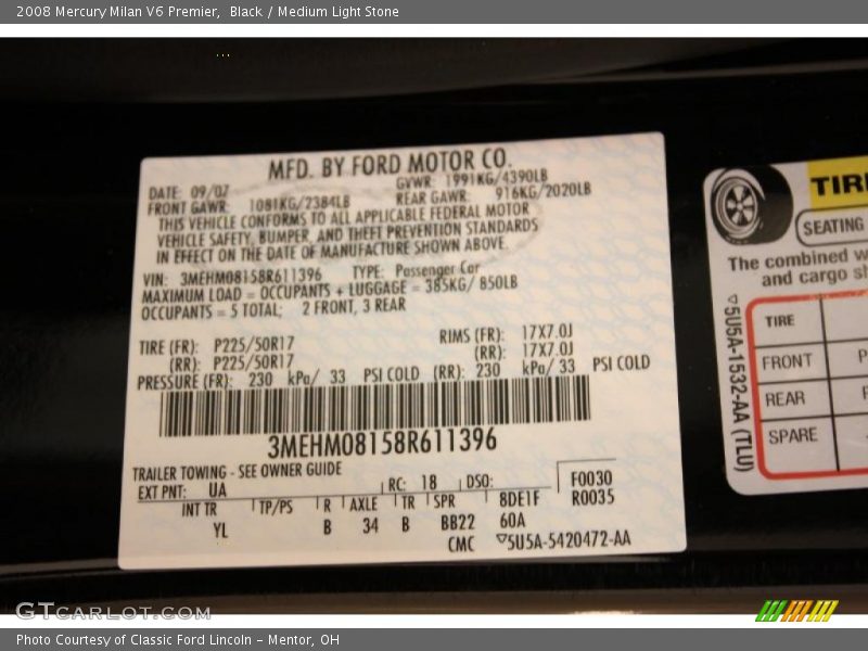 Black / Medium Light Stone 2008 Mercury Milan V6 Premier