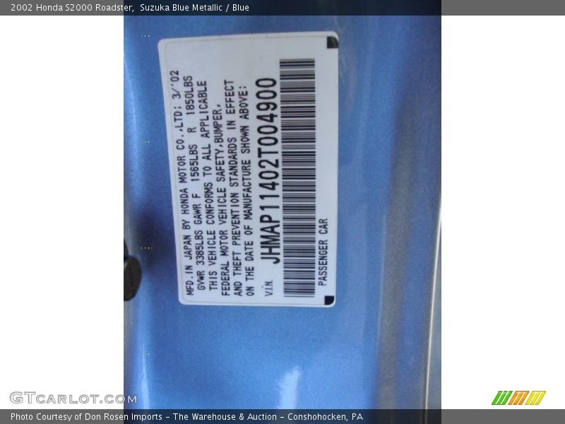 Info Tag of 2002 S2000 Roadster