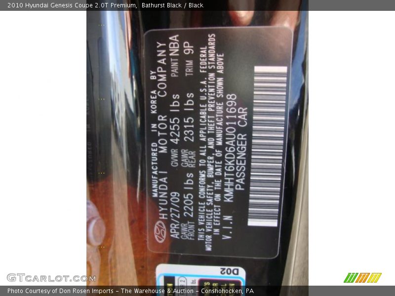 2010 Genesis Coupe 2.0T Premium Bathurst Black Color Code NBA