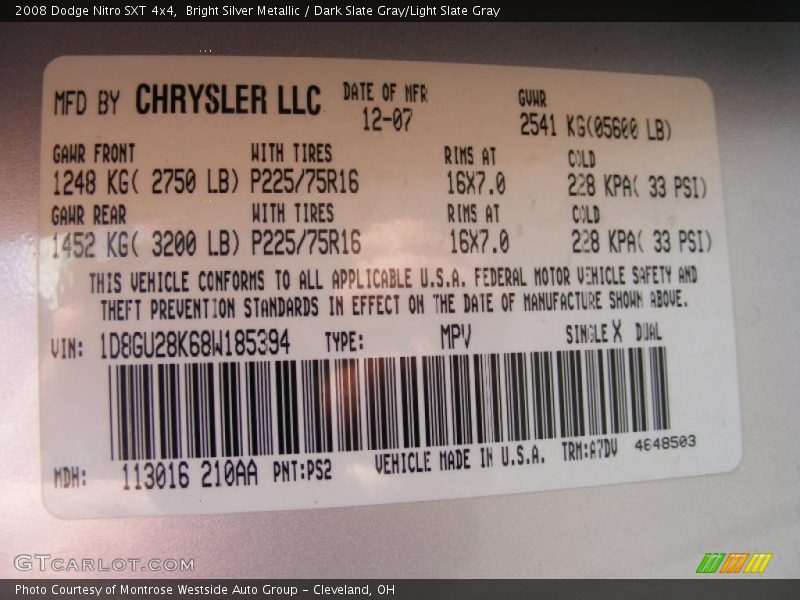 Bright Silver Metallic / Dark Slate Gray/Light Slate Gray 2008 Dodge Nitro SXT 4x4