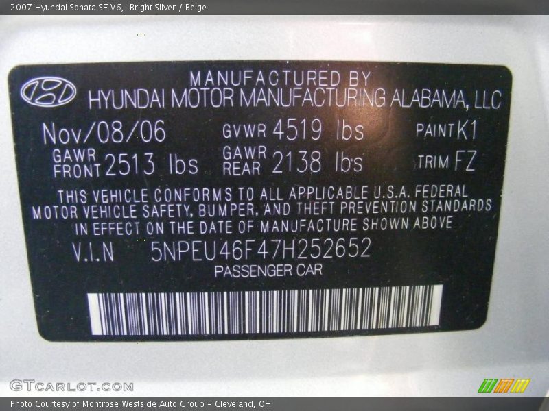 Bright Silver / Beige 2007 Hyundai Sonata SE V6