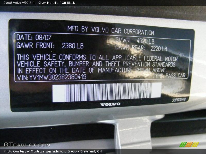 Info Tag of 2008 V50 2.4i