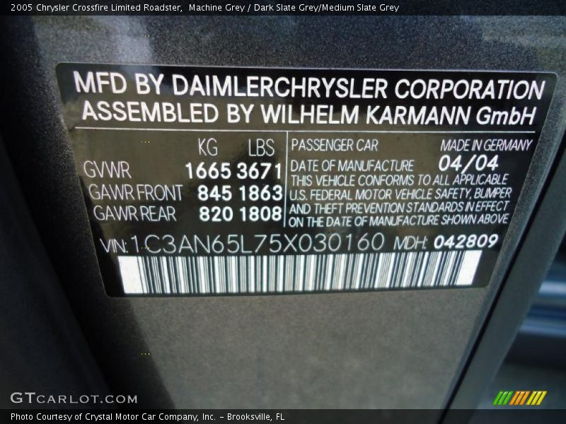 Machine Grey / Dark Slate Grey/Medium Slate Grey 2005 Chrysler Crossfire Limited Roadster