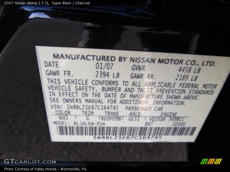 Super Black / Charcoal 2007 Nissan Altima 3.5 SL