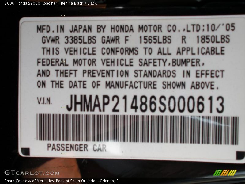 Info Tag of 2006 S2000 Roadster