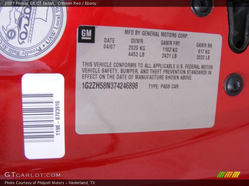 Crimson Red / Ebony 2007 Pontiac G6 GT Sedan