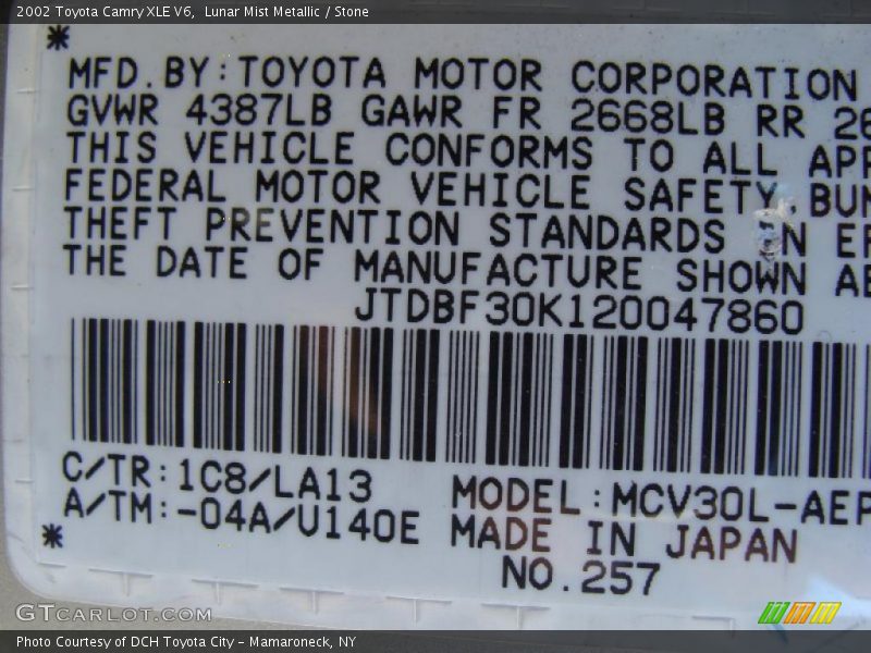 2002 Camry XLE V6 Lunar Mist Metallic Color Code 1C8