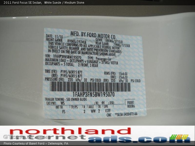 White Suede / Medium Stone 2011 Ford Focus SE Sedan