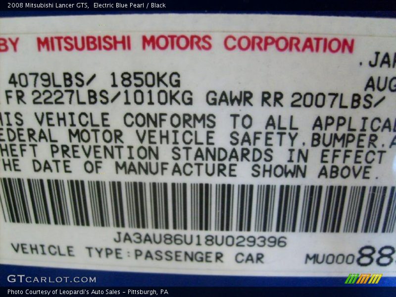 Electric Blue Pearl / Black 2008 Mitsubishi Lancer GTS