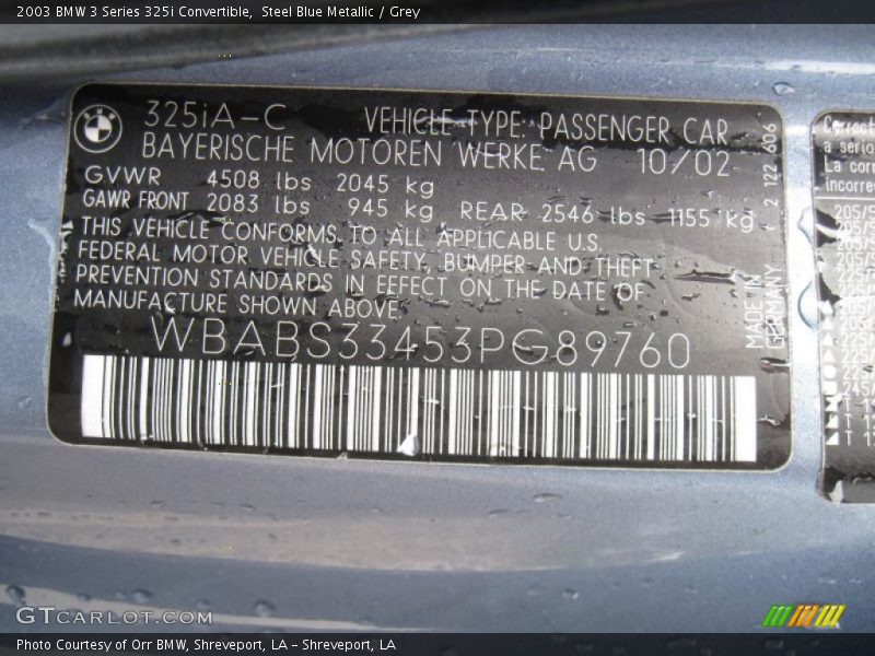 Info Tag of 2003 3 Series 325i Convertible