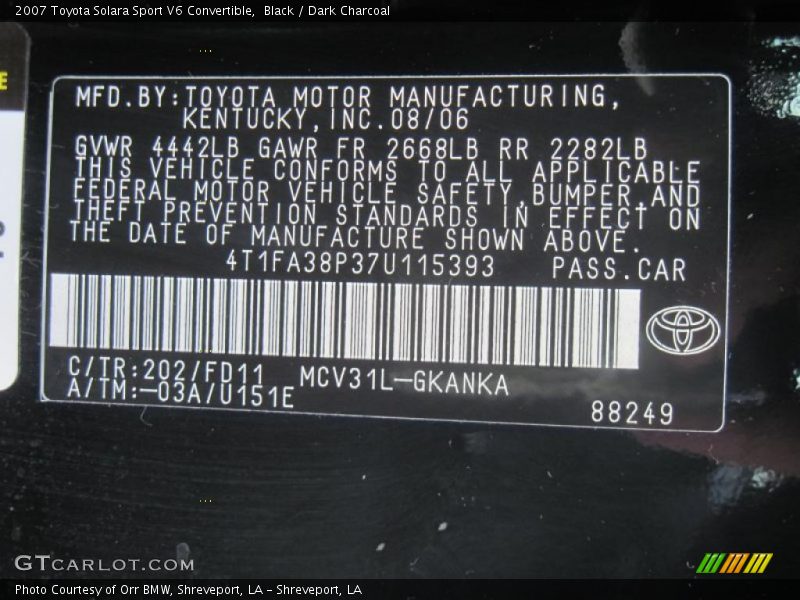 Black / Dark Charcoal 2007 Toyota Solara Sport V6 Convertible