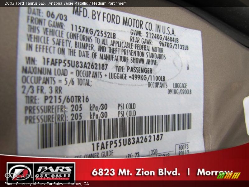 Arizona Beige Metallic / Medium Parchment 2003 Ford Taurus SES