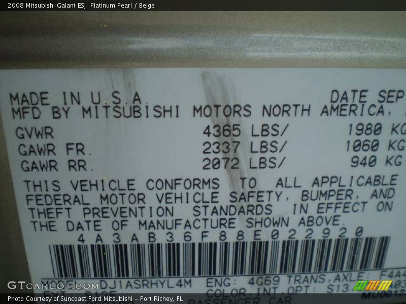 Platinum Pearl / Beige 2008 Mitsubishi Galant ES