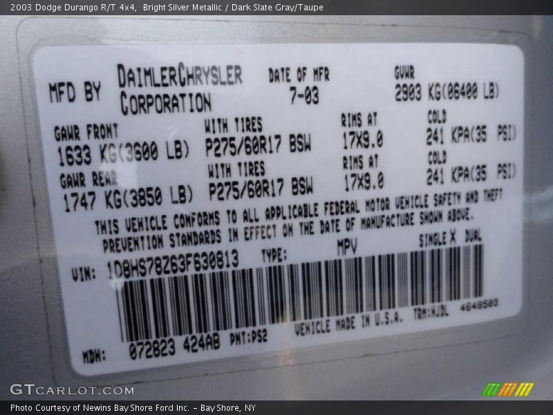 2003 Durango R/T 4x4 Bright Silver Metallic Color Code PS2