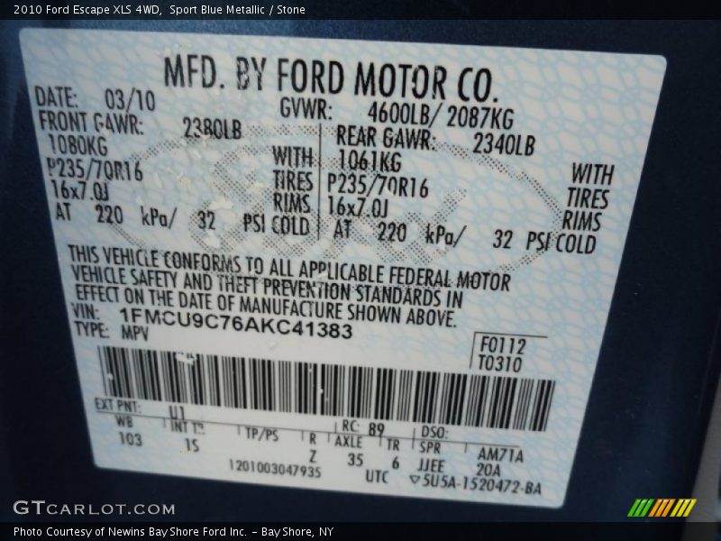 2010 Escape XLS 4WD Sport Blue Metallic Color Code U1