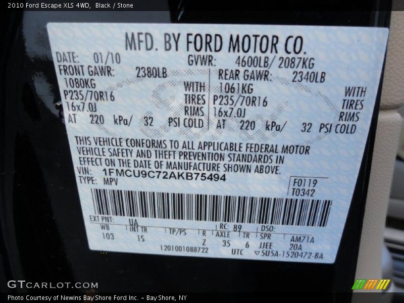 2010 Escape XLS 4WD Black Color Code UA