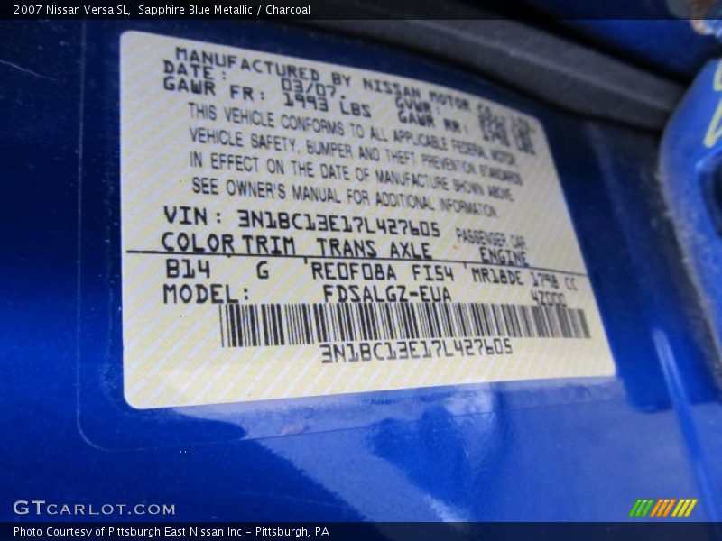 Sapphire Blue Metallic / Charcoal 2007 Nissan Versa SL