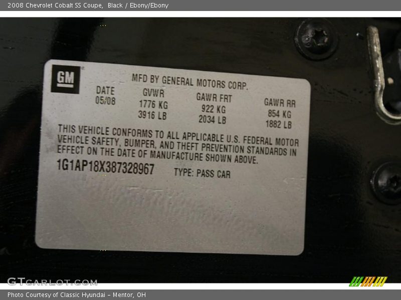 Info Tag of 2008 Cobalt SS Coupe