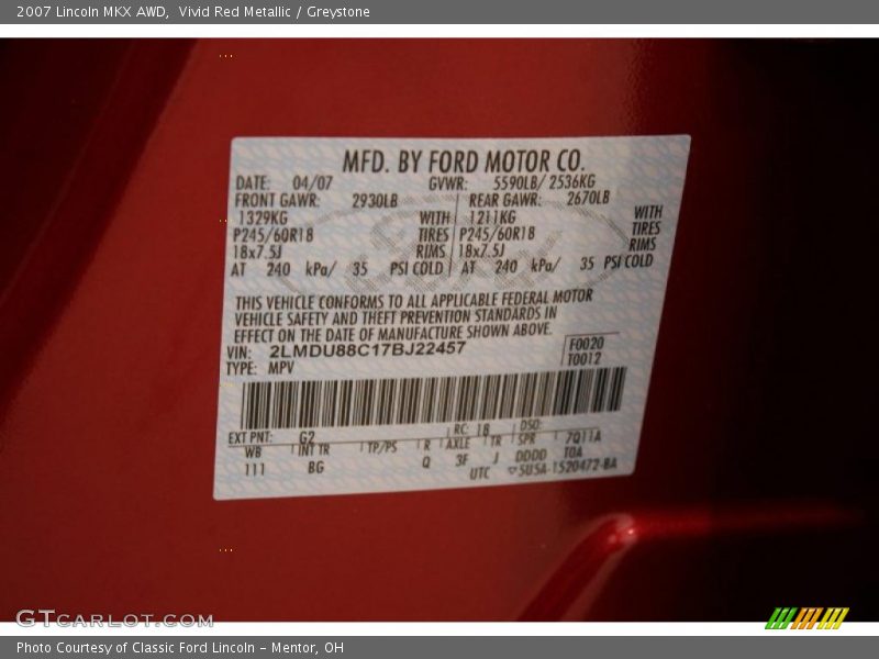 Vivid Red Metallic / Greystone 2007 Lincoln MKX AWD
