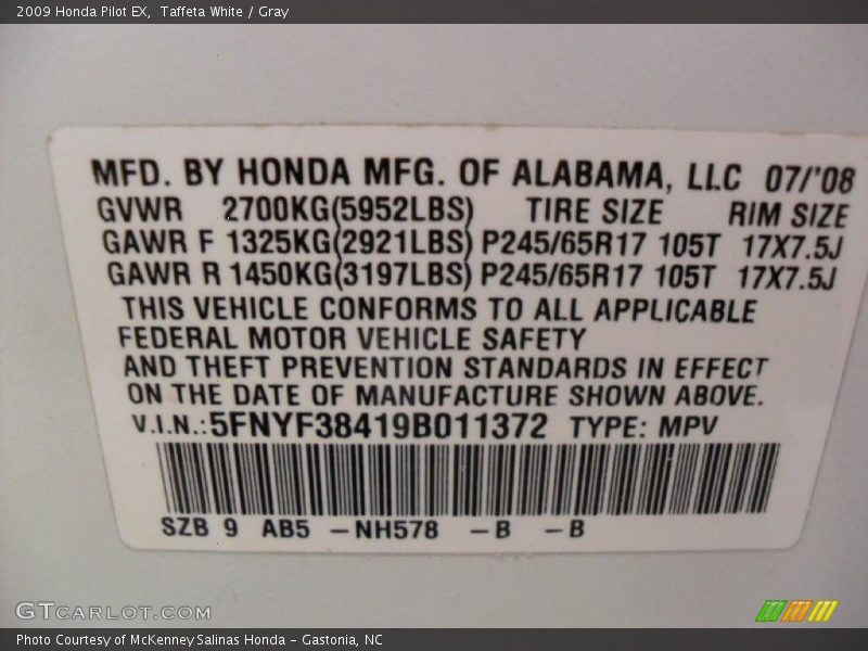 Taffeta White / Gray 2009 Honda Pilot EX