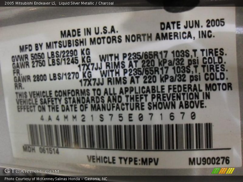Liquid Silver Metallic / Charcoal 2005 Mitsubishi Endeavor LS