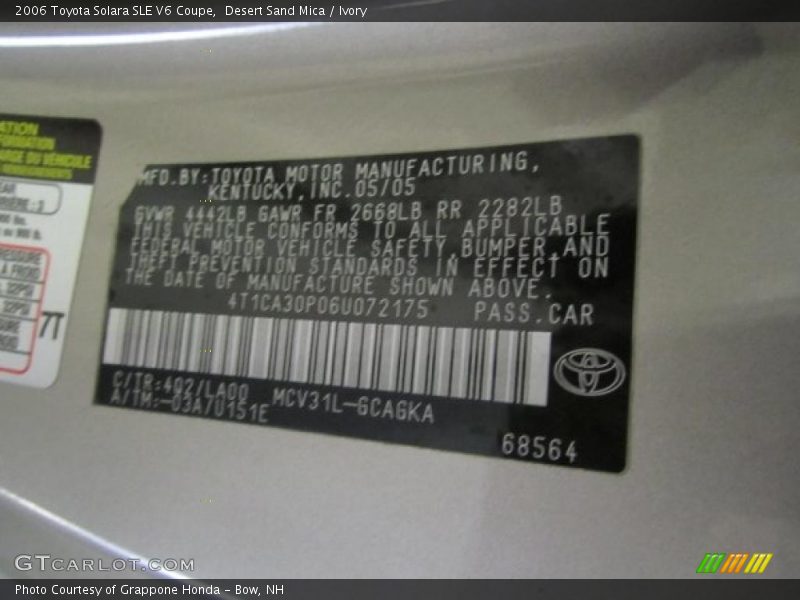 2006 Solara SLE V6 Coupe Desert Sand Mica Color Code 4Q2