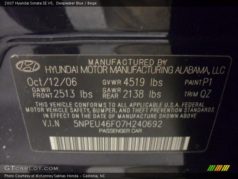 Deepwater Blue / Beige 2007 Hyundai Sonata SE V6
