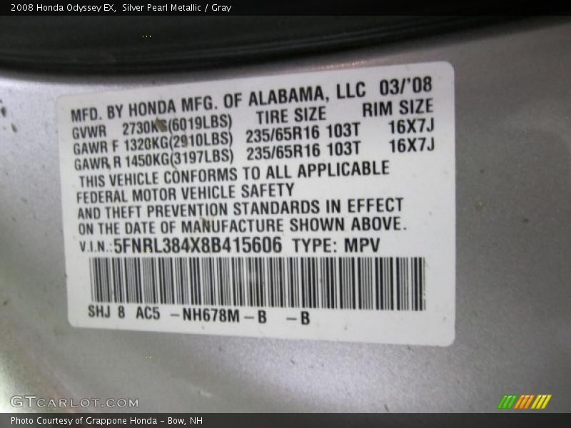 Silver Pearl Metallic / Gray 2008 Honda Odyssey EX