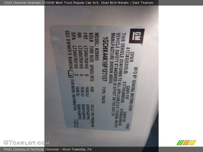 Info Tag of 2009 Silverado 2500HD Work Truck Regular Cab 4x4