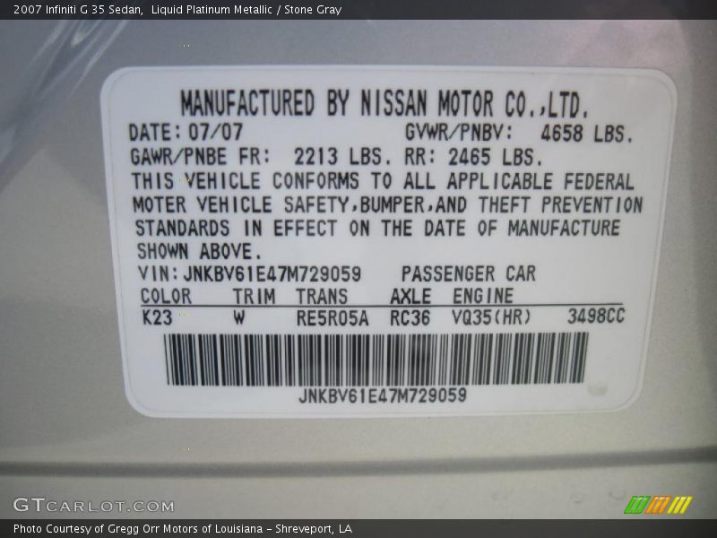 Liquid Platinum Metallic / Stone Gray 2007 Infiniti G 35 Sedan