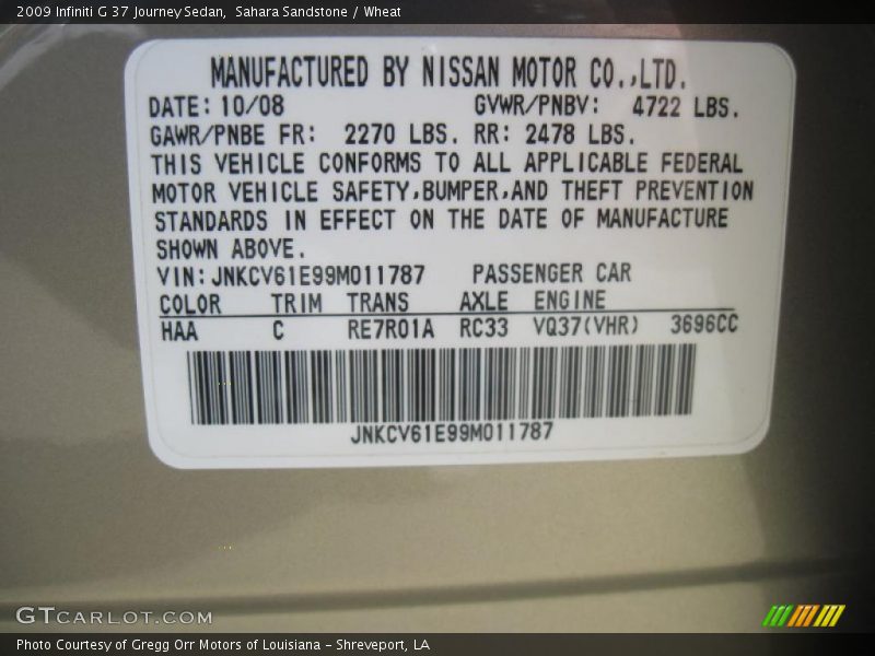 Sahara Sandstone / Wheat 2009 Infiniti G 37 Journey Sedan