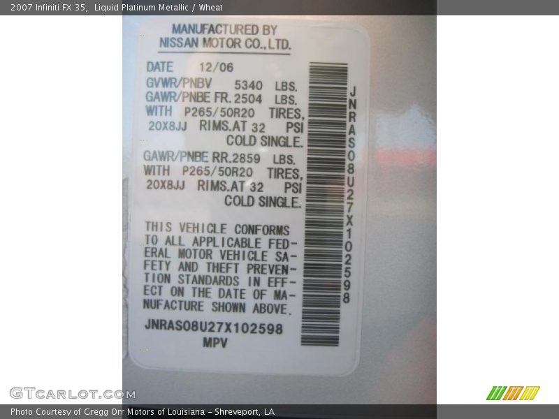 Liquid Platinum Metallic / Wheat 2007 Infiniti FX 35