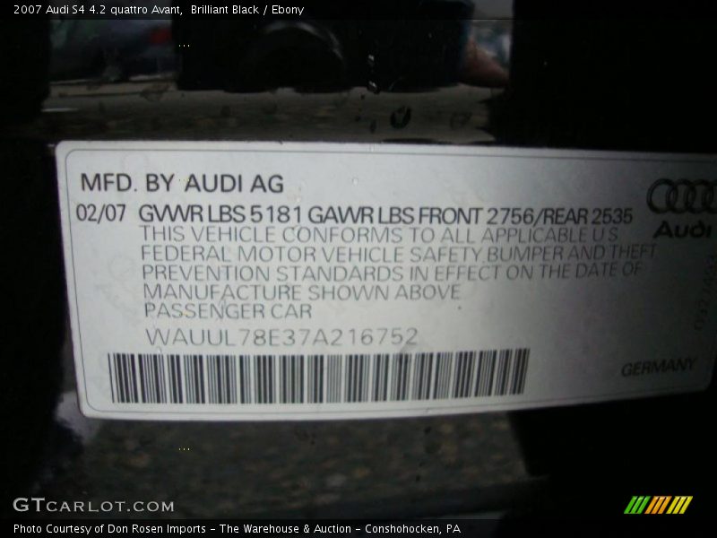 Info Tag of 2007 S4 4.2 quattro Avant