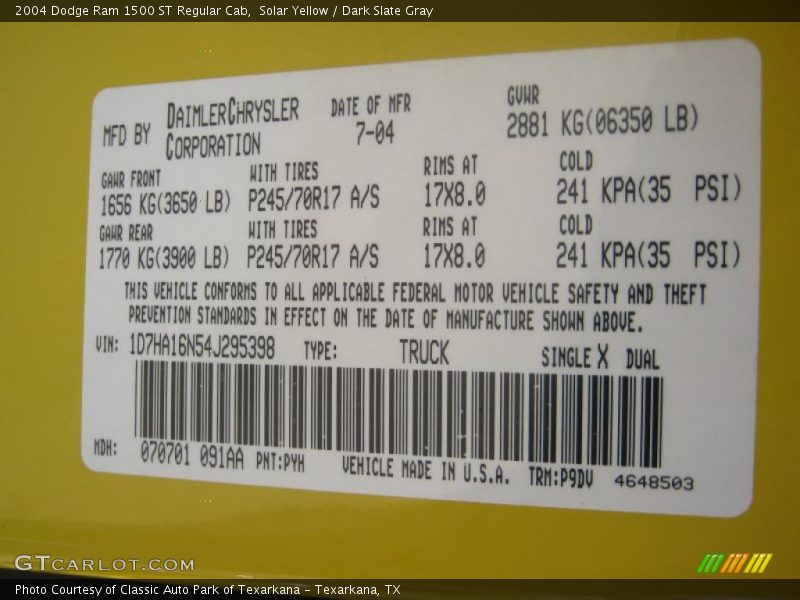 2004 Ram 1500 ST Regular Cab Solar Yellow Color Code PYH