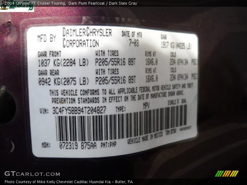 2004 PT Cruiser Touring Dark Plum Pearlcoat Color Code PHP