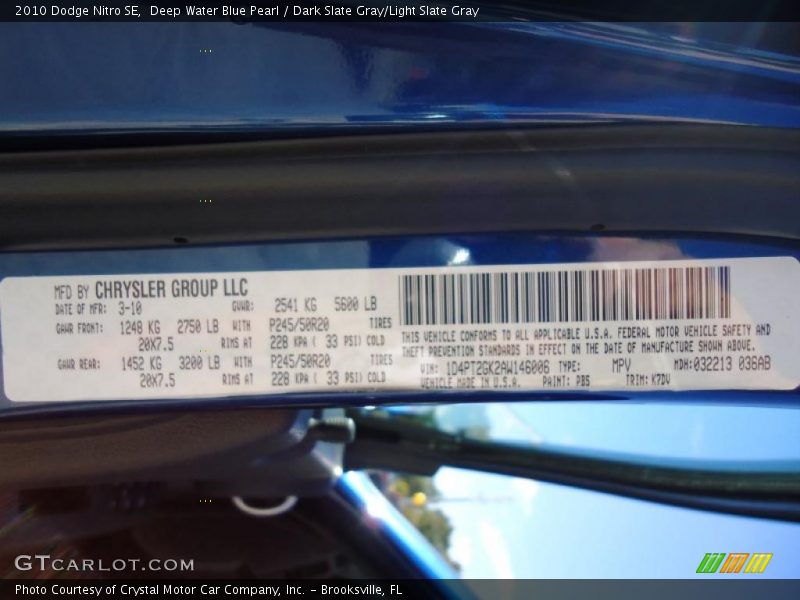 Deep Water Blue Pearl / Dark Slate Gray/Light Slate Gray 2010 Dodge Nitro SE
