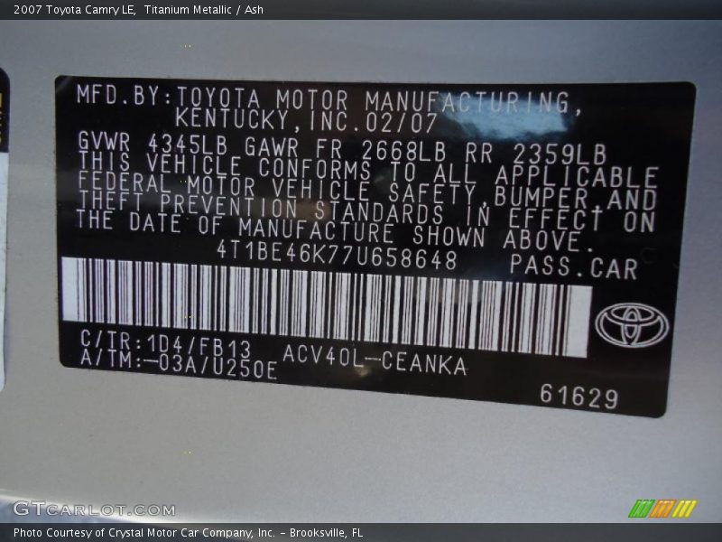 Titanium Metallic / Ash 2007 Toyota Camry LE