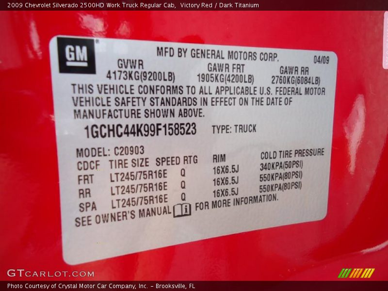 Info Tag of 2009 Silverado 2500HD Work Truck Regular Cab