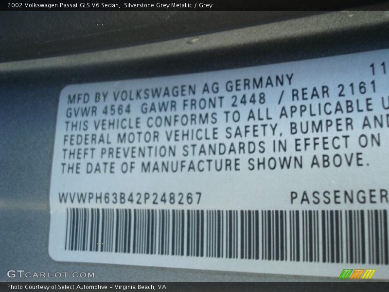 Silverstone Grey Metallic / Grey 2002 Volkswagen Passat GLS V6 Sedan