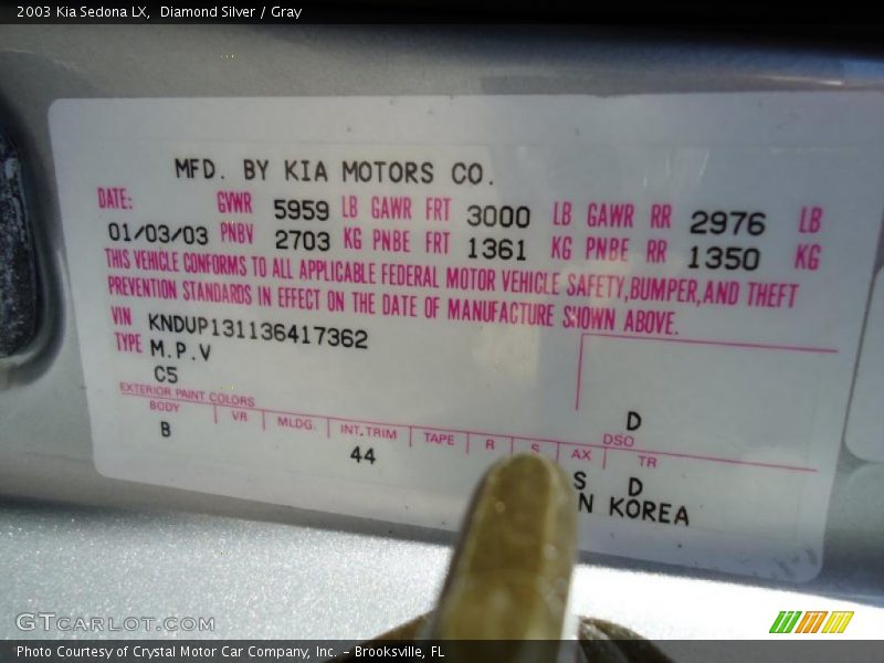 Diamond Silver / Gray 2003 Kia Sedona LX