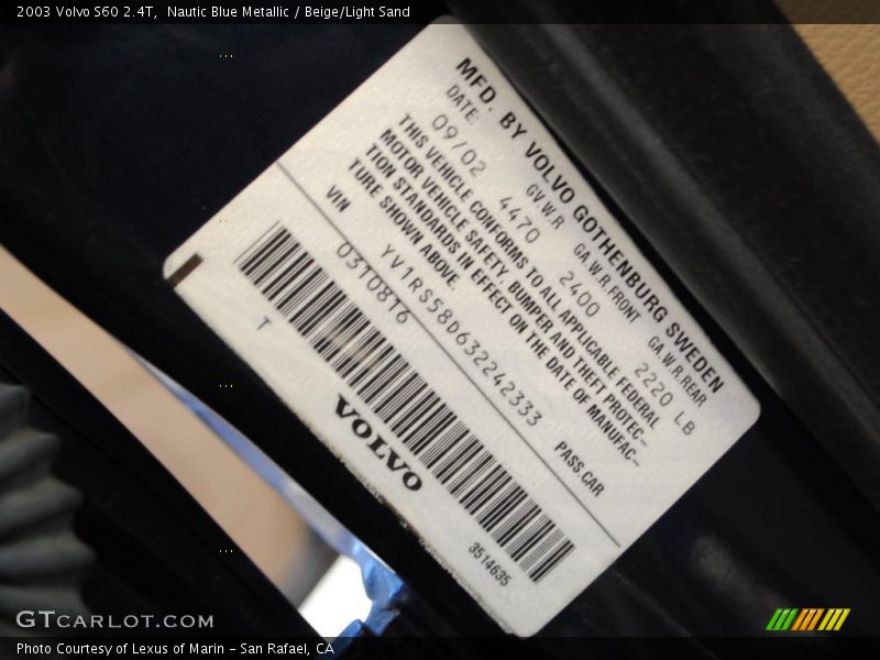 Nautic Blue Metallic / Beige/Light Sand 2003 Volvo S60 2.4T