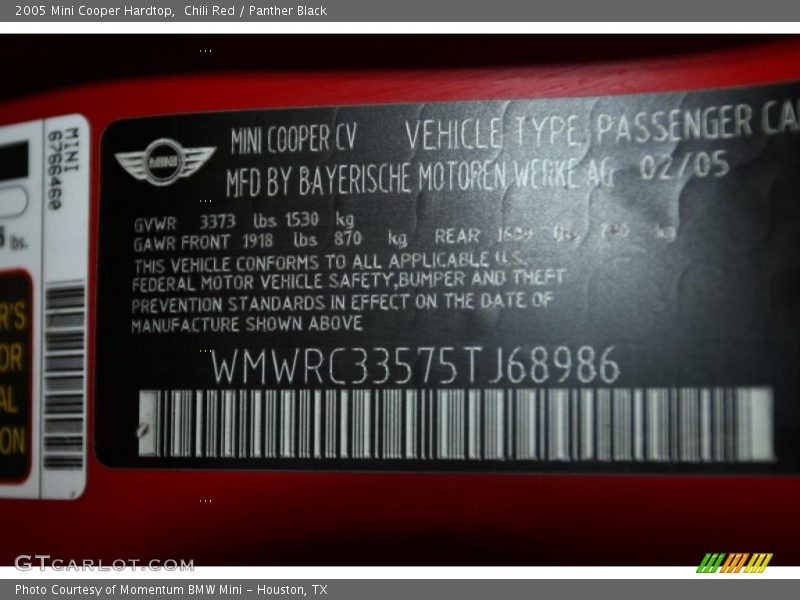 Chili Red / Panther Black 2005 Mini Cooper Hardtop