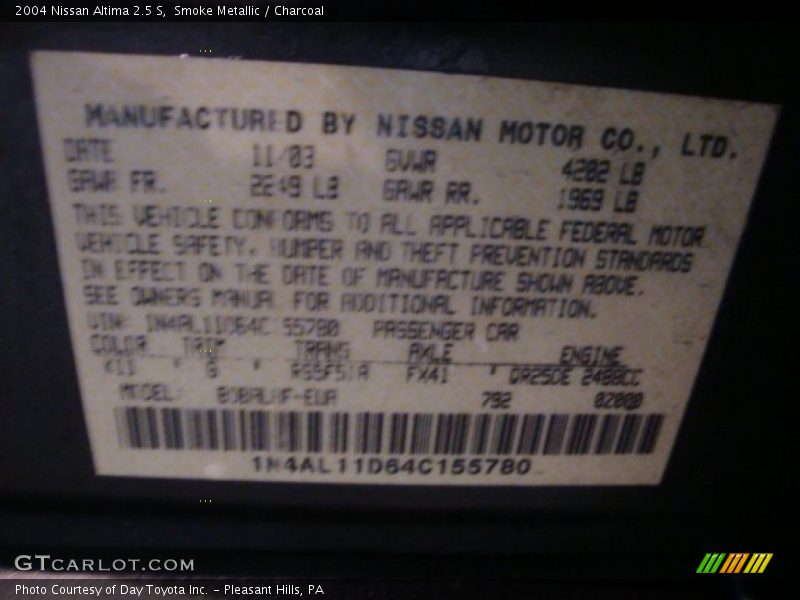 Smoke Metallic / Charcoal 2004 Nissan Altima 2.5 S