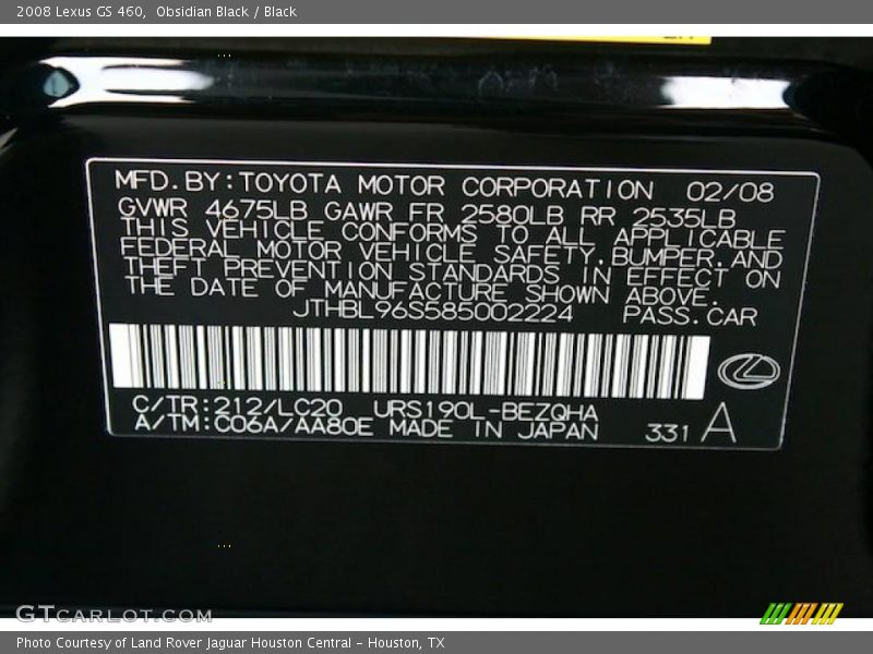 2008 GS 460 Obsidian Black Color Code 212