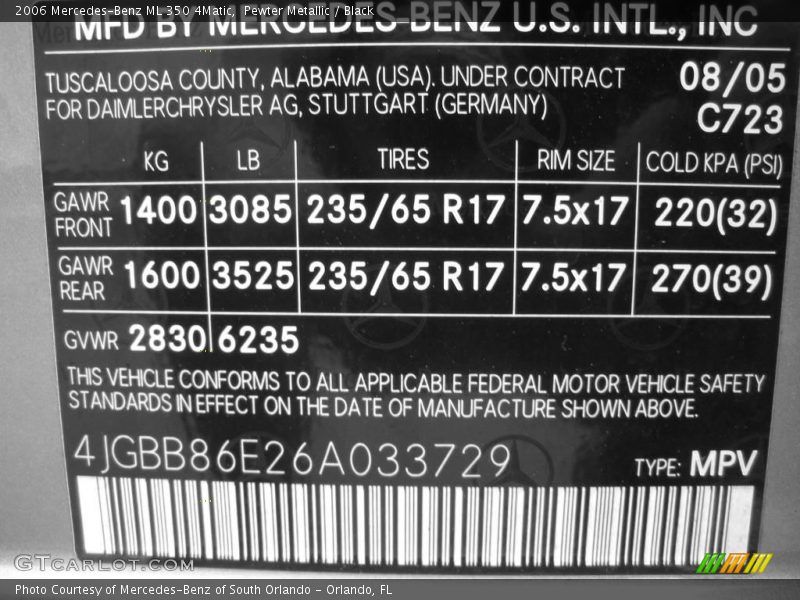 Pewter Metallic / Black 2006 Mercedes-Benz ML 350 4Matic