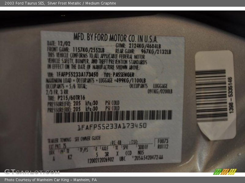Silver Frost Metallic / Medium Graphite 2003 Ford Taurus SES
